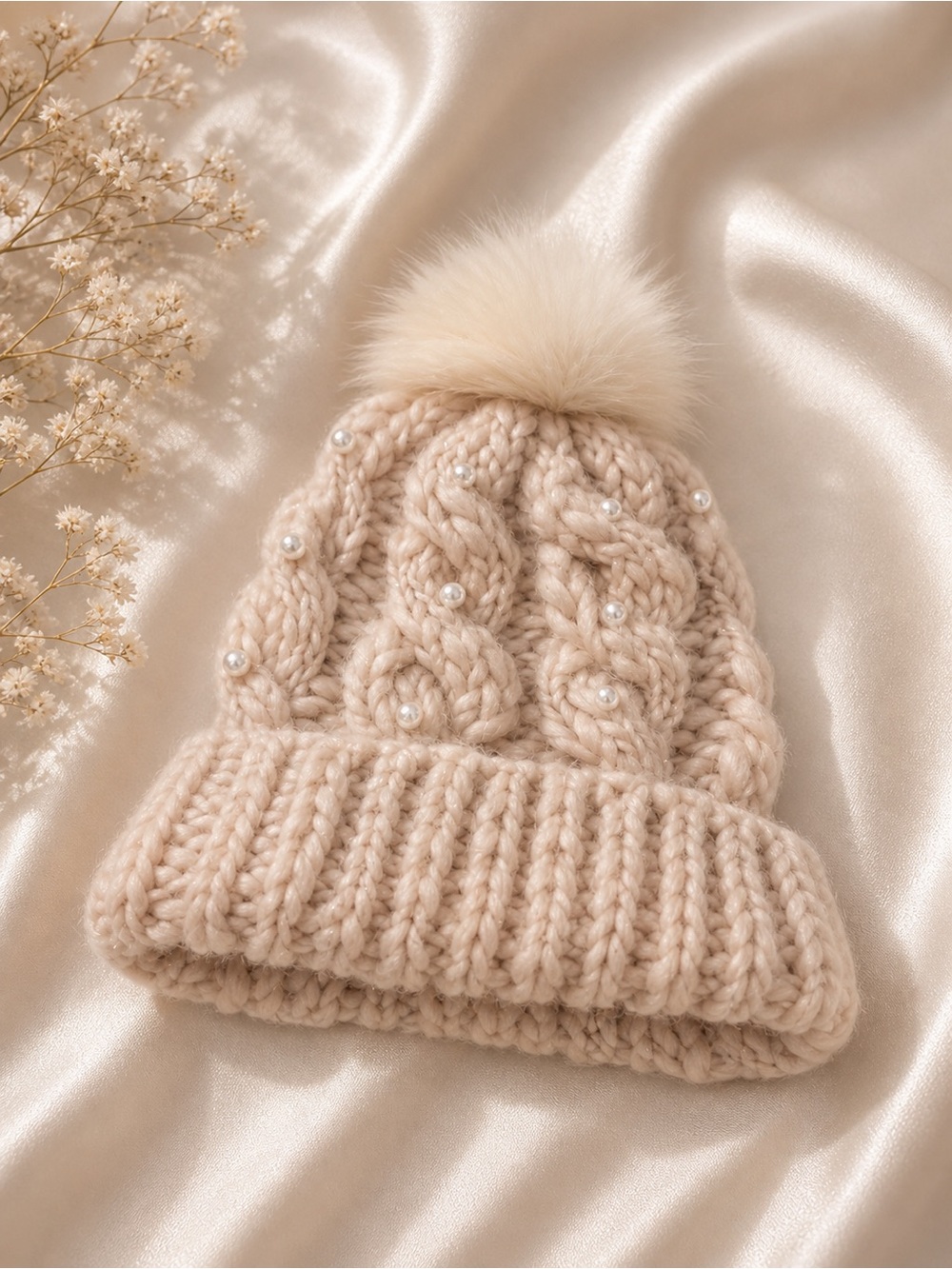 Betsey Johnson Blush Cream Faux-Fur Pom Beanie with Pearls